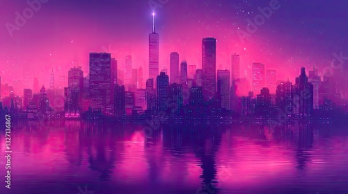 Fototapeta Naklejka Na Ścianę i Meble -  Night city skyline, purple glow, water reflection, starry sky, urban landscape