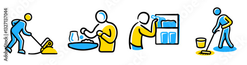 Person and robotic cleaner, washing dishes,  dusting shelf 
 and mopping floor icon set for home cleaning concept