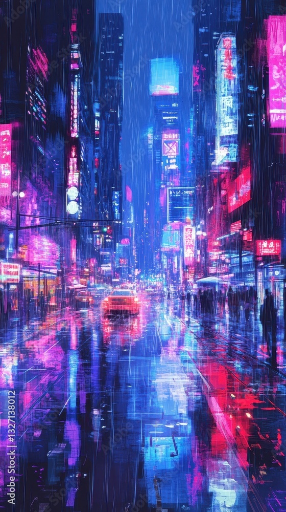 Fototapeta premium A Colorful Illuminated City Street Scene During Heavy Rainfall