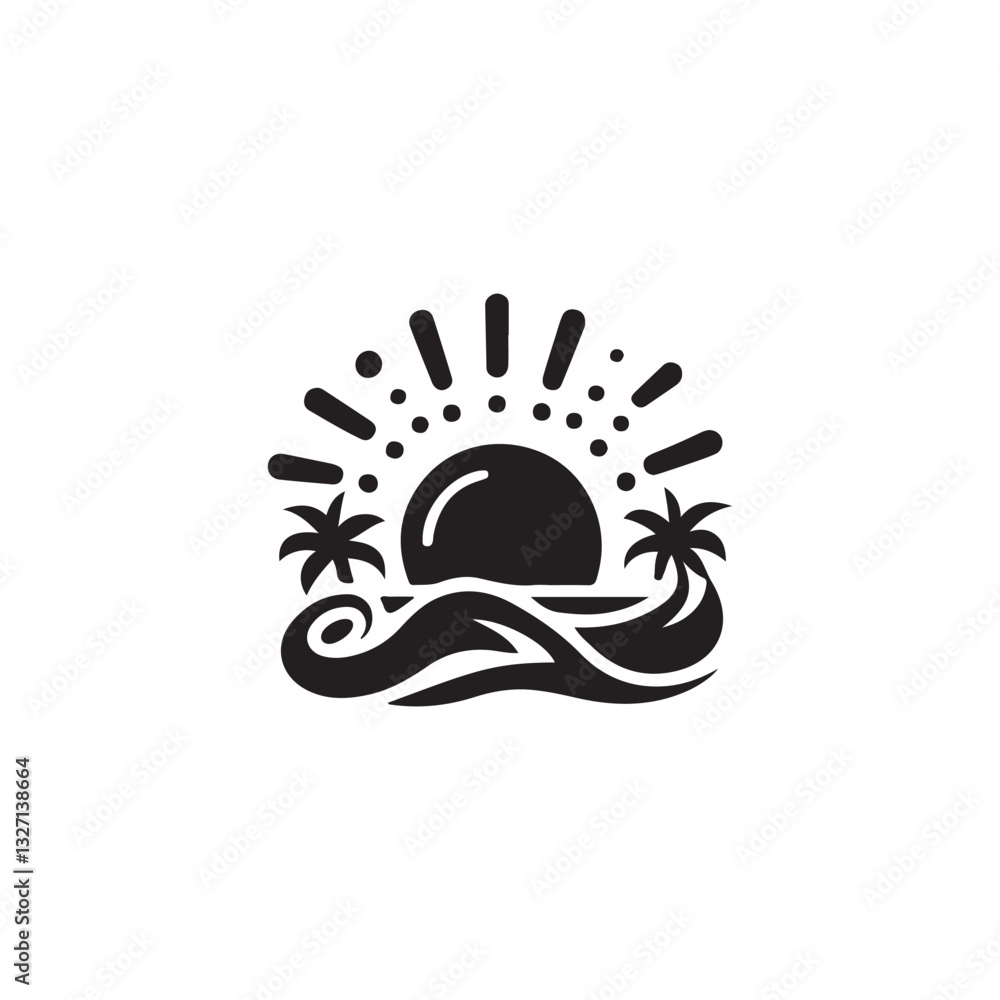 Fototapeta premium Tropical Sunset Scene Logo.This stylized logo depicts a tropical sunset over a tranquil ocean.