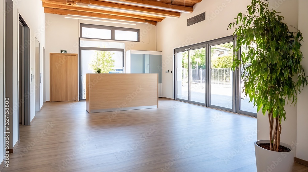 Fototapeta premium Modern Office Interior Featuring a Reception Desk Surrounded by Bright Windows and Plants : Generative AI