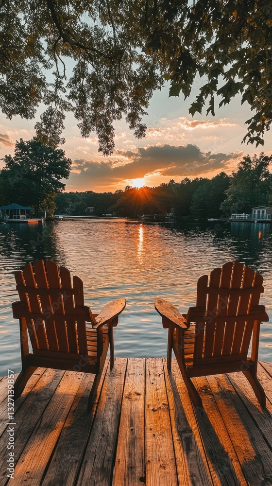 Naklejka premium Serene Sunset Over Lake with Adirondack Chairs on Dock Capturing Tranquility Relaxation and Nature's Beauty in Warm Light with a Low Angle Perspective