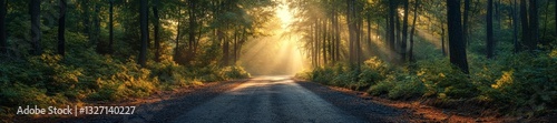 A serene forest path illuminated by golden light streaming through the trees. Generative AI