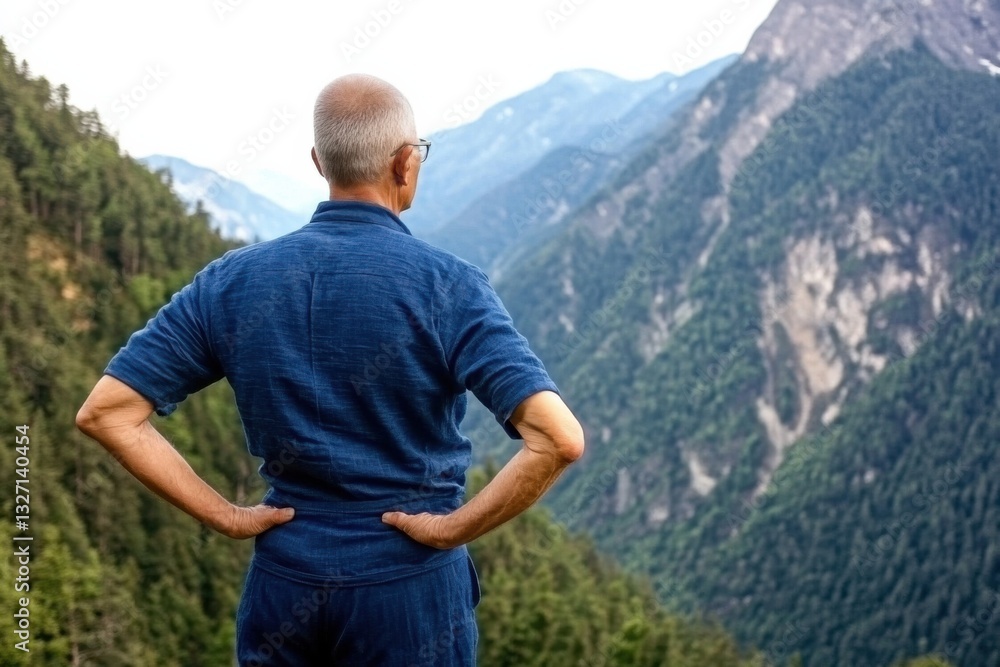 man in blue clothes stands on a ledge in the mountains and contemplates, meditates. scene is peaceful and serene, man is focused on his breathing and the surrounding nature. man in blue clothes stands on a ledge in the mountains and contemplates, meditates. scene is peaceful and serene, man is focused on his breathing and the surrounding nature.