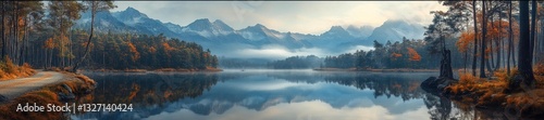 Scenic road by a lake with reflection of mountains in serene autumn landscape. Generative AI