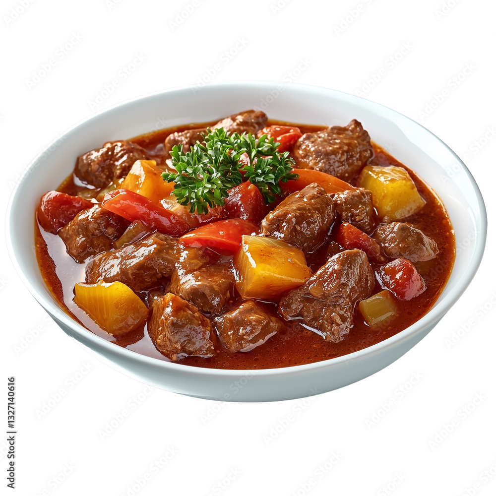 A hearty beef stew with colorful vegetables, garnished with parsley, served in a round white bowl isolated on white background and transparent background A hearty beef stew with colorful vegetables, garnished with parsley, served in a round white bowl isolated on white background and transparent background