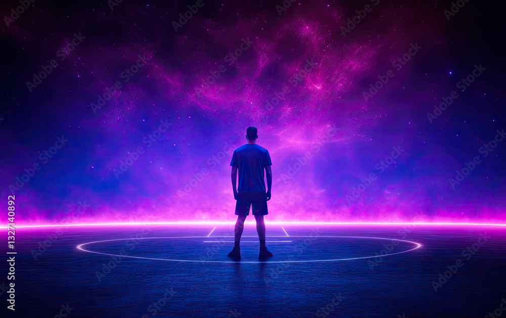 A silhouetted figure stands in a vibrant, cosmic landscape filled with purple and pink hues, evoking a sense of wonder and exploration. A silhouetted figure stands in a vibrant, cosmic landscape filled with purple and pink hues, evoking a sense of wonder and exploration.
