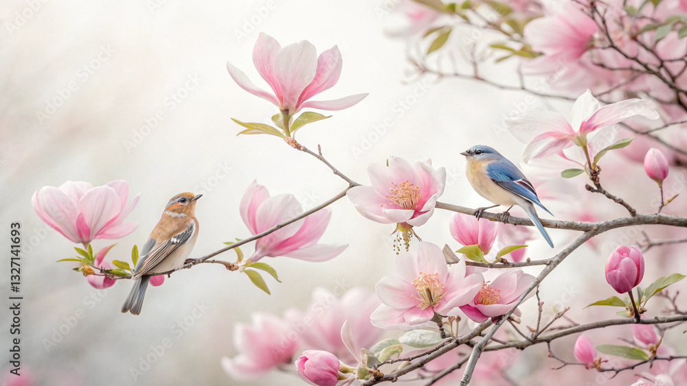 Obraz premium Spring birds and pink magnolia flowers illustration, hand painted nature design Watercolor floral cute songbird isolate.