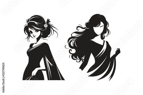 beautiful animated girl with black saree