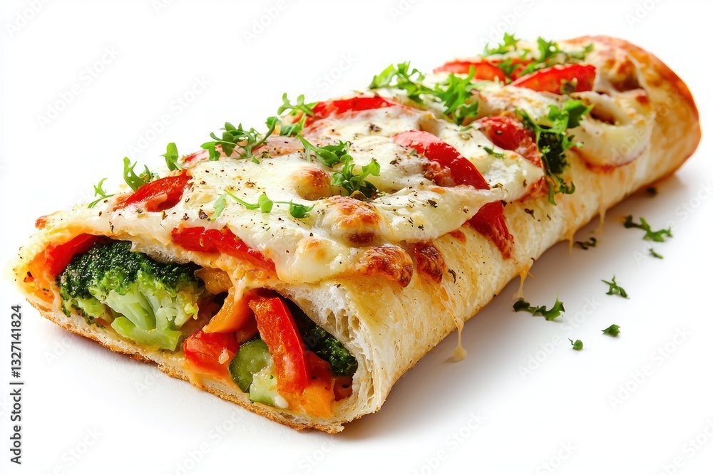 Delicious Vegan Pizza Roll with Fresh Vegetables Tomatoes Broccoli and Melted Mozzarella Cheese on White Clean Background Delicious Vegan Pizza Roll with Fresh Vegetables Tomatoes Broccoli and Melted Mozzarella Cheese on White Clean Background