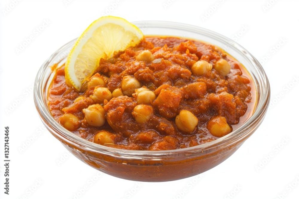 Appetizing chickpea stew in a glass bowl topped with fresh lemon slice savory traditional cuisine Appetizing chickpea stew in a glass bowl topped with fresh lemon slice savory traditional cuisine
