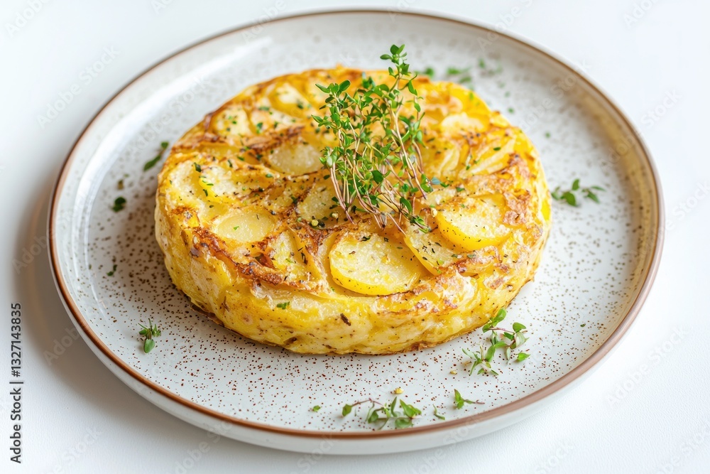 Appetizing spanish tortilla with potatoes on speckled plate garnished with fresh thyme on white table Appetizing spanish tortilla with potatoes on speckled plate garnished with fresh thyme on white table