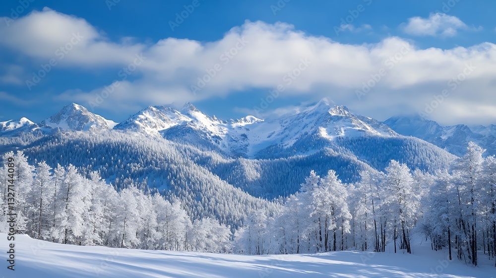 Frosted evergreens snow-covered mountain peaks serene winter landscape beauty Frosted evergreens snow-covered mountain peaks serene winter landscape beauty