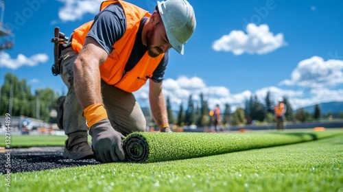 Worker installing artificial grass on a sports field with a clear blue sky and trees in the background