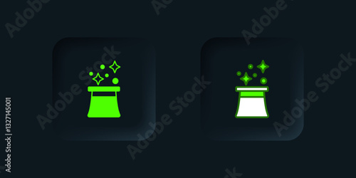 Green Magician hat icon isolated on black background. Magic trick. Mystery entertainment concept. Black square button. Vector
