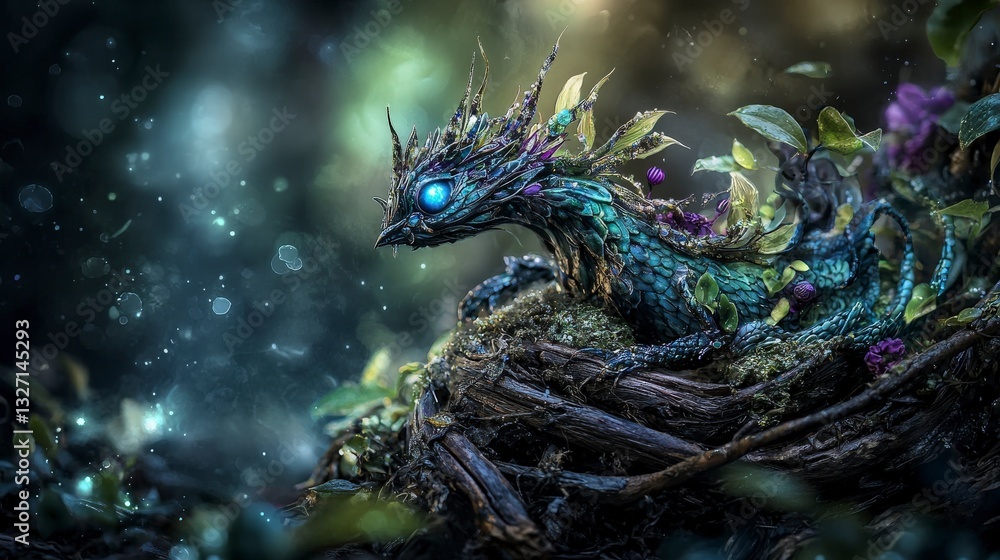 Obraz premium Mystical dragon in enchanted forest fantasy art nature scene ethereal atmosphere close-up magical creature