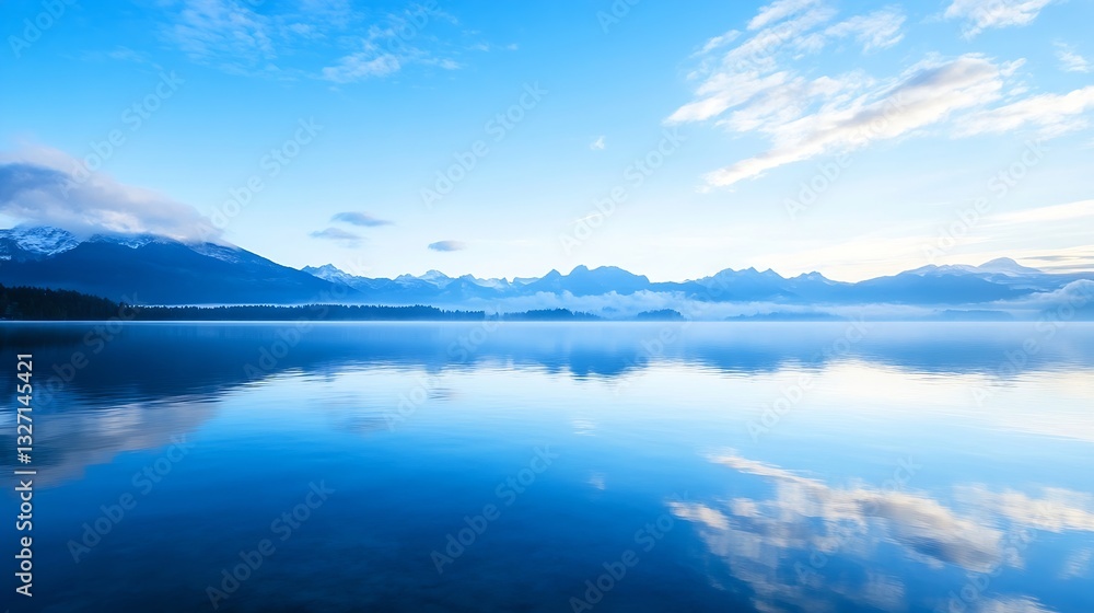 Fototapeta premium Serene Landscape with Misty Mountains and Calm Reflections on a Tranquil Lake : Generative AI