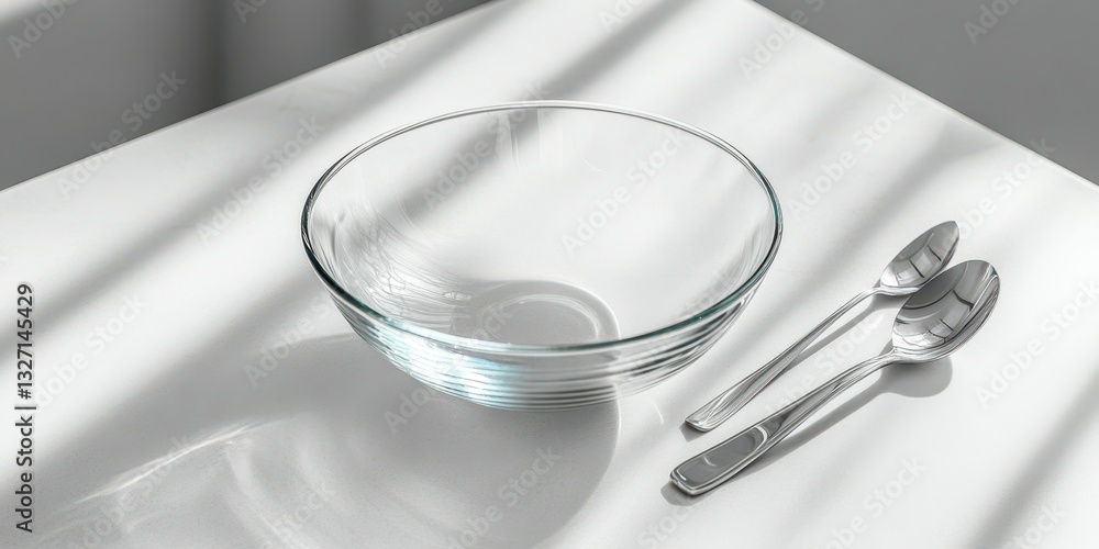 Create a simple and elegant table setting with a crystal bowl and silver spoons in soft natural light Create a simple and elegant table setting with a crystal bowl and silver spoons in soft natural light