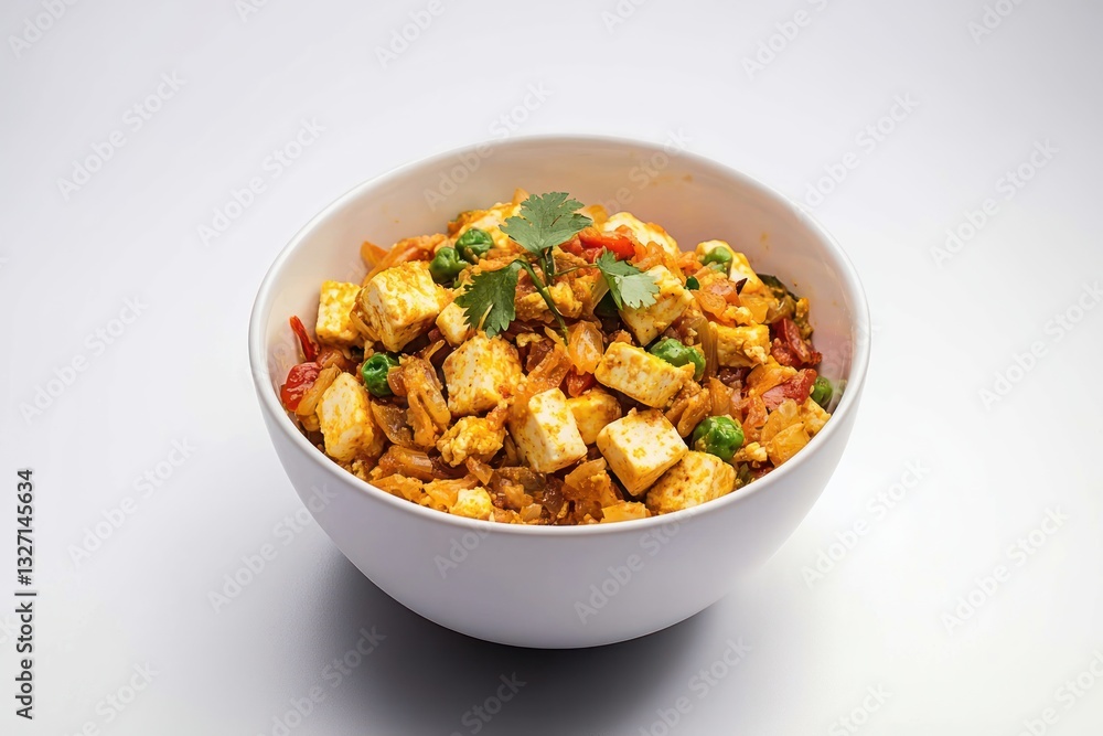 Appetizing paneer bhurji featuring aromatic spices herbs and vibrant vegetables in a minimalist white bowl ready to eat Appetizing paneer bhurji featuring aromatic spices herbs and vibrant vegetables in a minimalist white bowl ready to eat