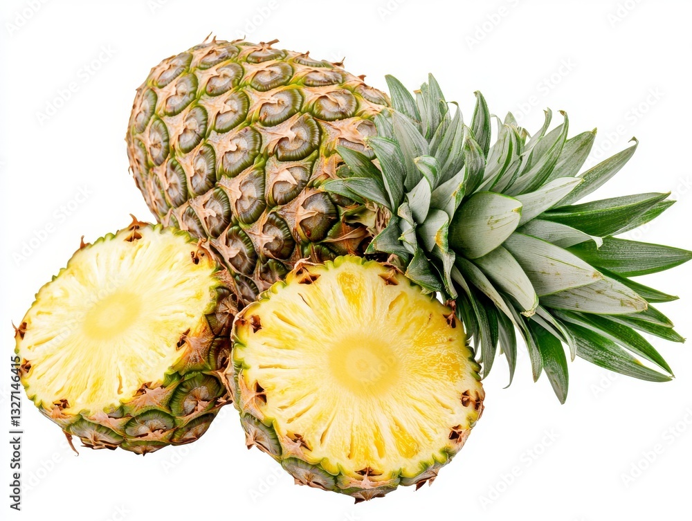 Ripe Pineapple Slices and Whole Fruit on White Background