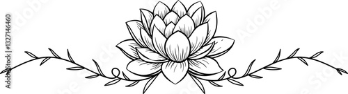 Lotus flower line art with decorative vine elements. hand drawn lotus flower vector illustration for vesak day element design.