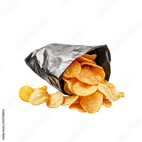Crunchy potato chips are scattered on the ground as they spill from an opened black bag, creating a delightful snack mess.