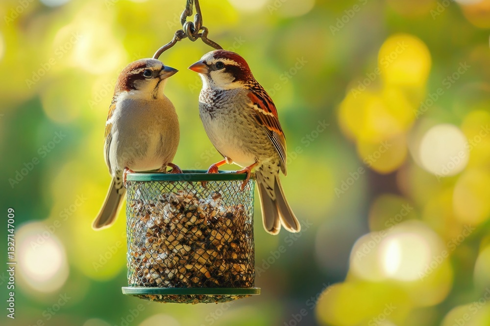 Naklejka premium A pair of birds perched on a bird feeder, enjoying their meal