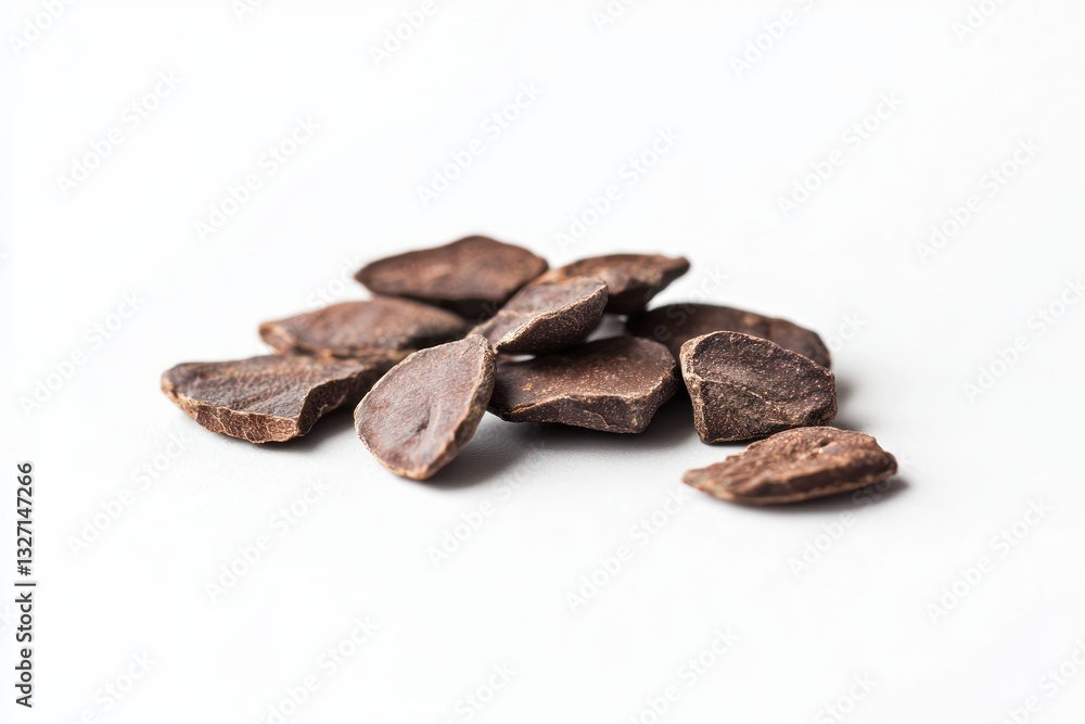 Naklejka premium Pile of cacao beans on white background showcasing natural texture and dark brown color for food photography