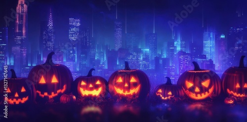 Wallpaper Mural Illuminated Jack o Lanterns Displayed Against a Glowing Cityscape Backdrop Torontodigital.ca