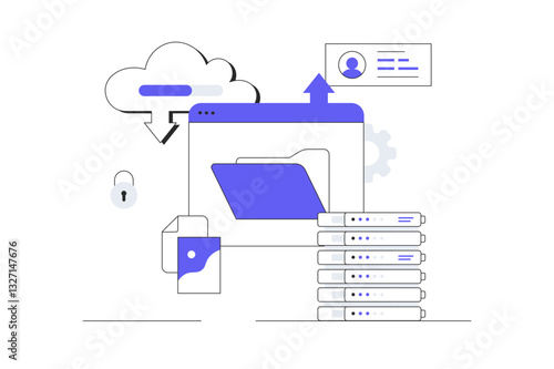 SaaS concept, Software as a service. Cloud computing and storage, online subscription to programs. Flat Cartoon Vector Illustration, icon. Stylish abstract design for website