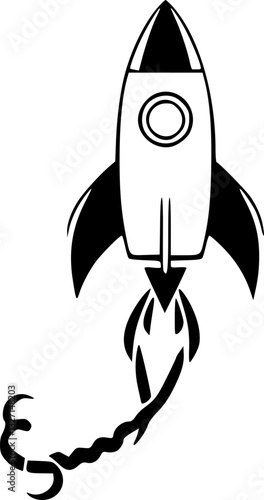 Detailed monochrome illustration of a rocket with smoke isolated on white background in vector art style for space and flight themes