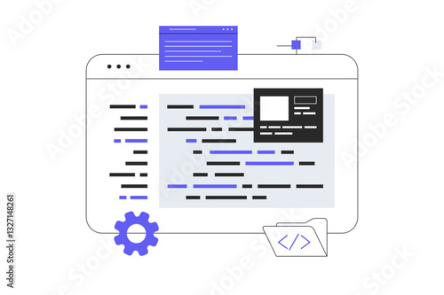 Software development, programming, coding. Developer working on computer and creating programs, coding and fixing code. Flat Cartoon Vector Illustration, icon. Stylish abstract design for website