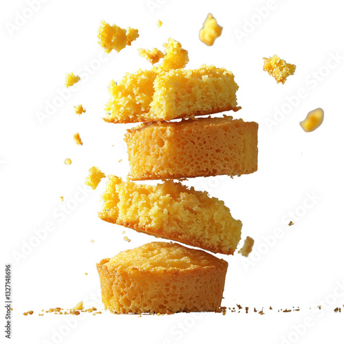 Stacked pieces of golden cornbread with crumbs flying isolated on white background and transparent background