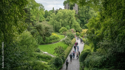 A picturesque view of Blarney Castle, surrounded by lush green gardens and visitors lining up to kiss the Blarney Stone.