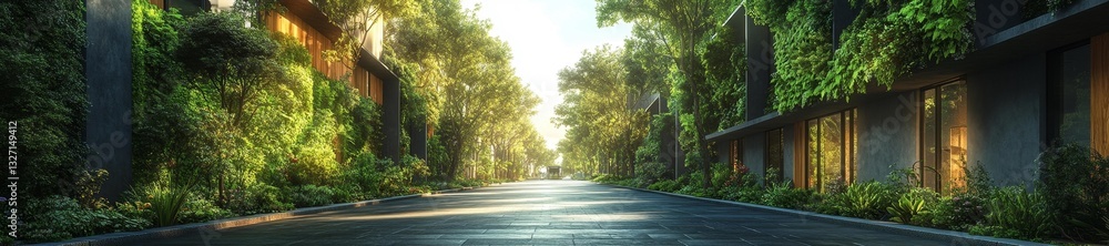 Eco-friendly green city street with trees and lush vegetation in modern infrastructure. Generative AI Eco-friendly green city street with trees and lush vegetation in modern infrastructure. Generative AI