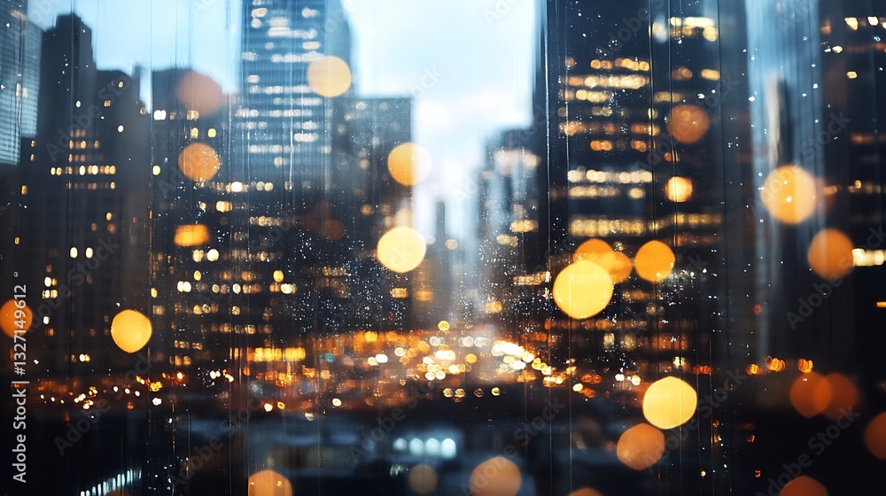 Vibrant city skyline captured through rainsoaked glass featuring glowing lights and blurred ambiance : Generative AI Vibrant city skyline captured through rainsoaked glass featuring glowing lights and blurred ambiance : Generative AI