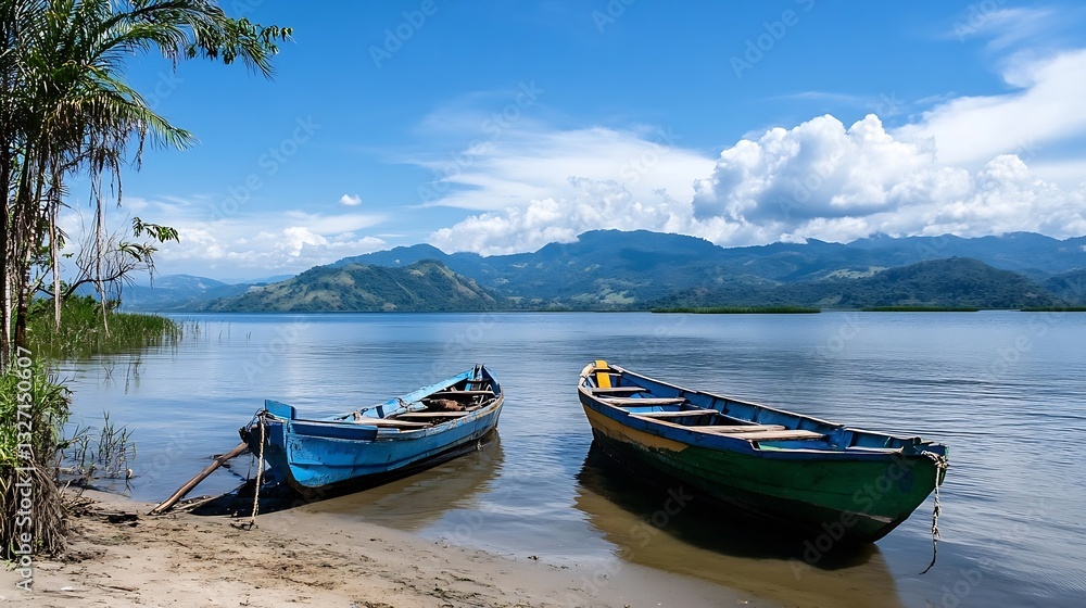 Scenic view of traditional wooden boats resting on a calm lake surrounded by lush mountains : Generative AI Scenic view of traditional wooden boats resting on a calm lake surrounded by lush mountains : Generative AI