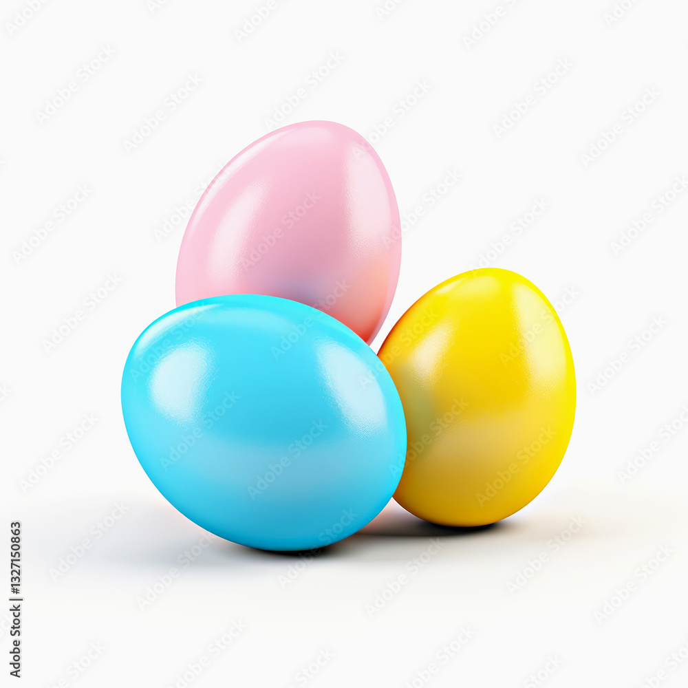 Three glossy Easter eggs in pastel blue, pink and yellow arranged on clean white background. Smooth reflective surface Easter eggs enhances festive and vibrant spring holiday theme Three glossy Easter eggs in pastel blue, pink and yellow arranged on clean white background. Smooth reflective surface Easter eggs enhances festive and vibrant spring holiday theme