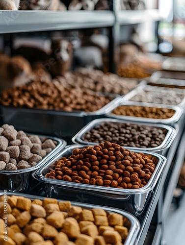 The neatly arranged pet food in the pet store