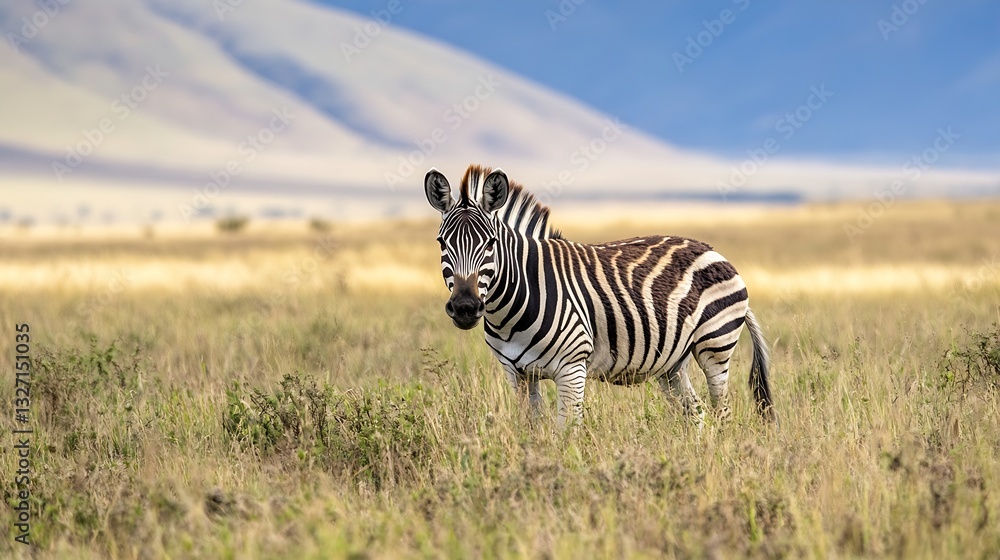 Majestic zebra standing gracefully in a vast grassland under a clear blue sky : Generative AI Majestic zebra standing gracefully in a vast grassland under a clear blue sky : Generative AI