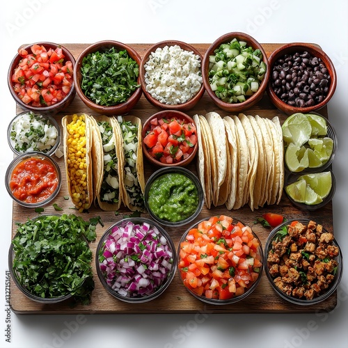 Gourmet taco bar with an array of colorful tacos displayed on a rustic wooden tray isolated on a white background