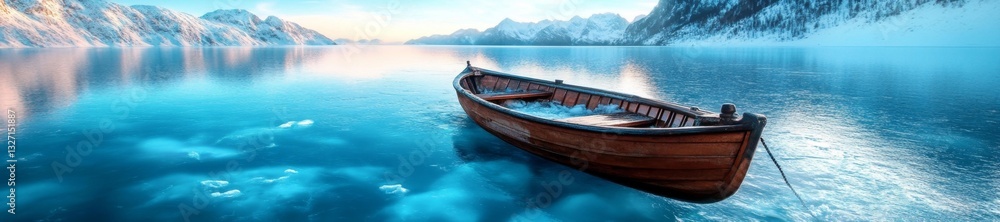 Small boat navigating through icy waters in the mountains during daylight. Generative AI Small boat navigating through icy waters in the mountains during daylight. Generative AI