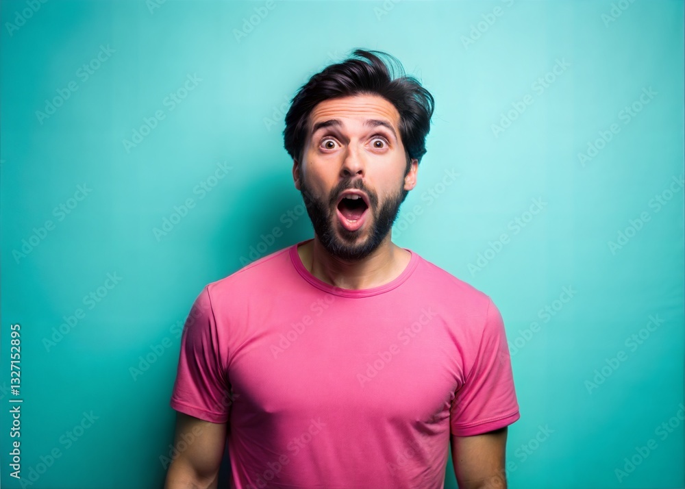Man with Open Mouth Expressing Surprise Against Teal Background Man with Open Mouth Expressing Surprise Against Teal Background