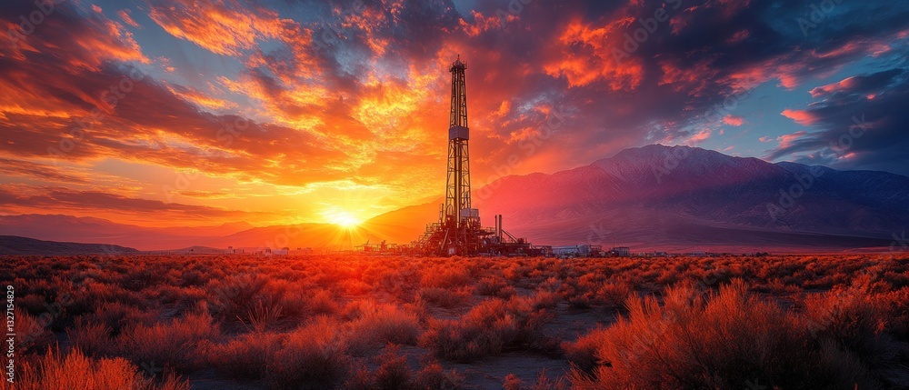 Fototapeta premium Fiery Sunset over Oil Rig and Mountain Range