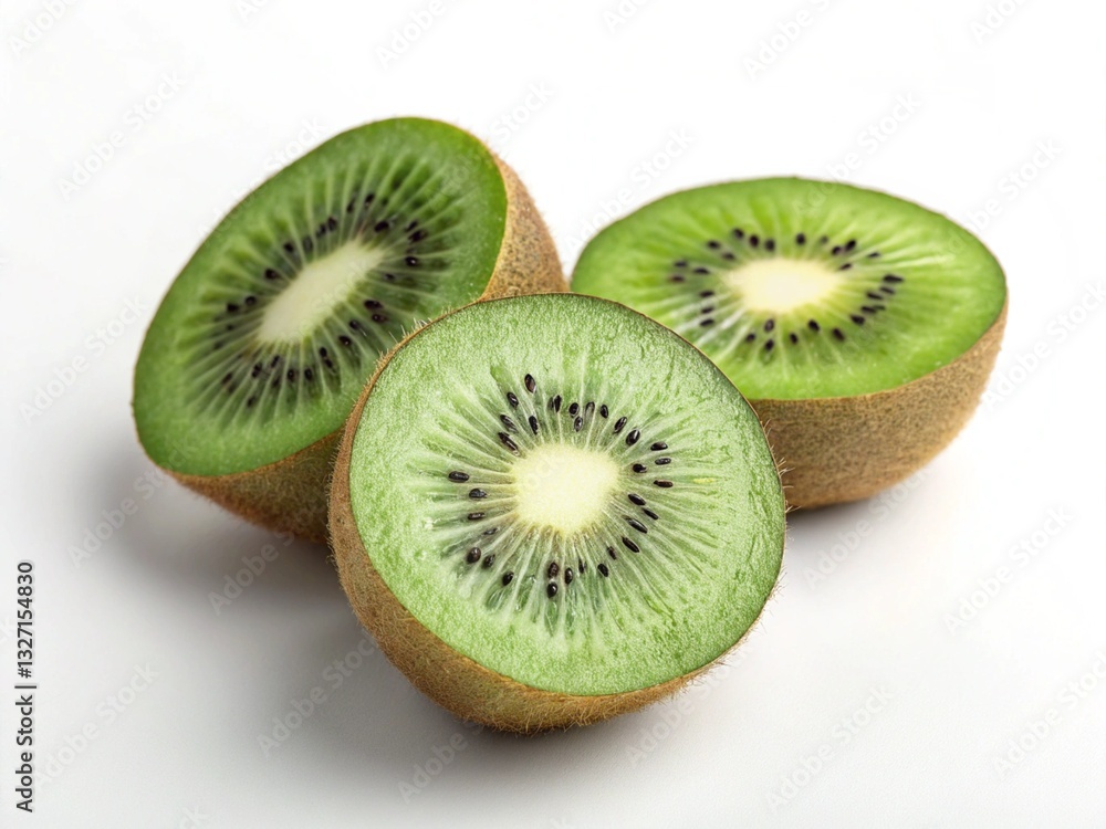 Three kiwi fruits are cut in half and arranged on a white surface Three kiwi fruits are cut in half and arranged on a white surface