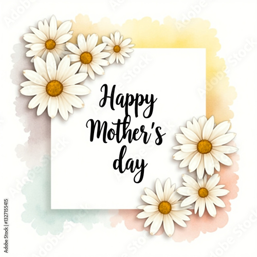Happy Mother's Day Floral Greeting Card with Daisies and Watercolor Background