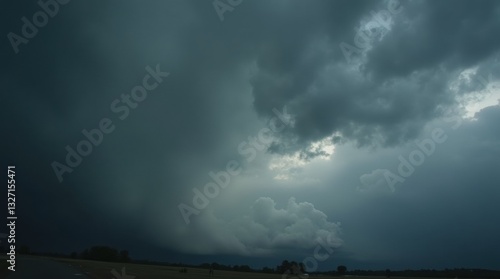 Fototapeta Naklejka Na Ścianę i Meble -  Dark storm clouds rolling over a vast sky, ominous and heavy with shades of gray and black.