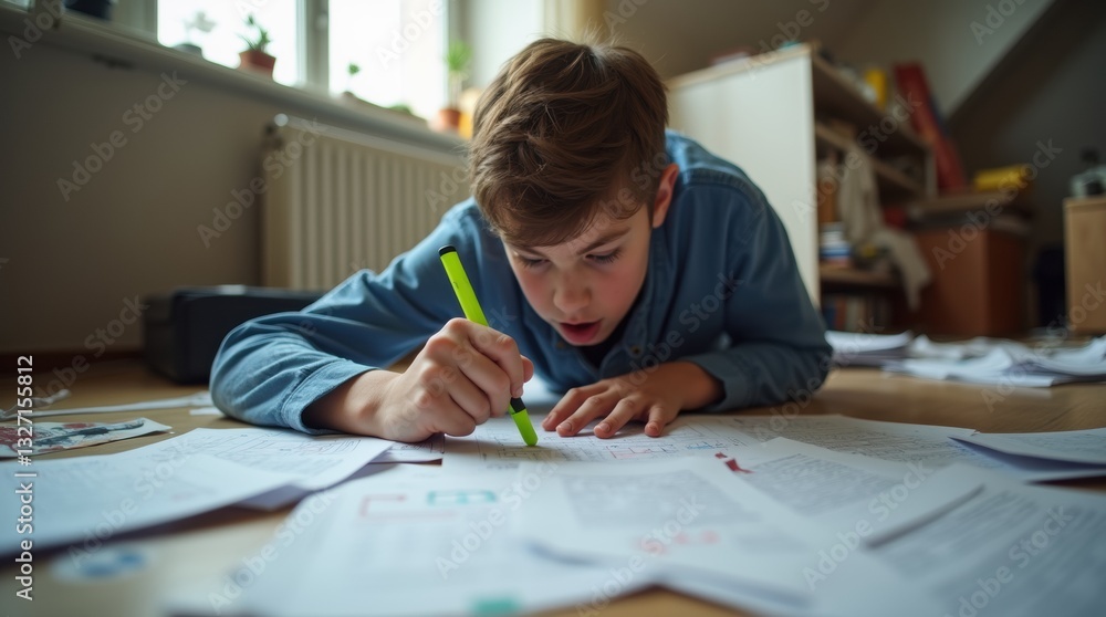A European boy hurriedly doing last-minute revision, highlighting key points from scattered papers on the floor, in a messy room with soft window light. A European boy hurriedly doing last-minute revision, highlighting key points from scattered papers on the floor, in a messy room with soft window light.