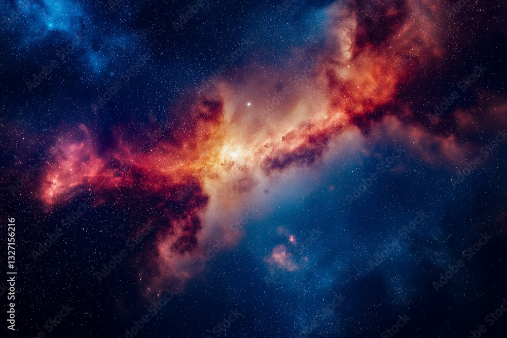Fototapeta premium Vibrant cosmic display with orange and red nebula clouds drifting through a deep blue starfield, creating a majestic celestial panorama.