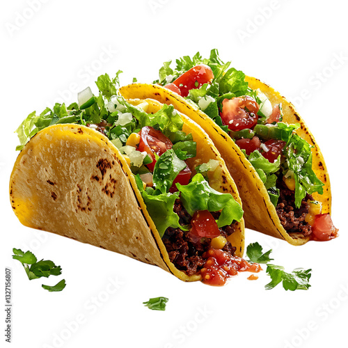 A Dynamic Shot of Tacos Bursting with Fresh Lettuce Isolated on Transparent Background